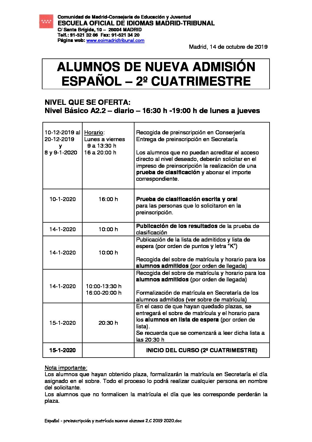 Español – preinscripción y matrícula nuevos alumnos 2.C 2019 2020